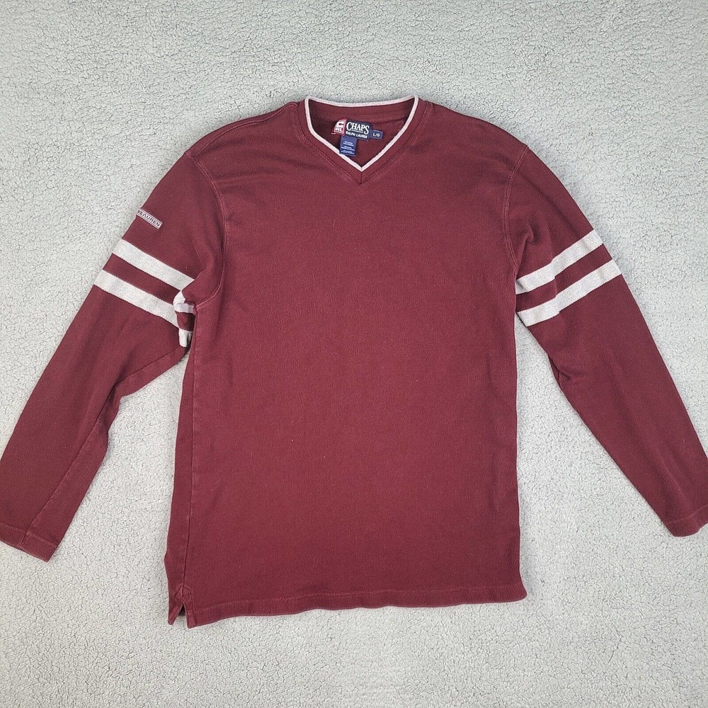 Chaps Ralph Lauren T-Shirt Men's Large Red Burgundy V‎ Neck Long Sleeve Pullover